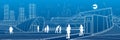 Outline city life illustration panorama. Evening town urban scene. People walking. Train rides. Modern architecture. White lines o Royalty Free Stock Photo